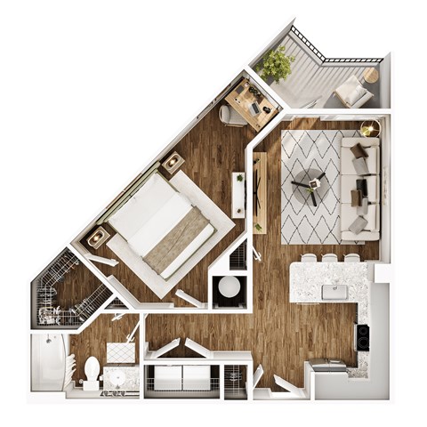 Floor plan for 1 bed, 1 bath, 730 sqft